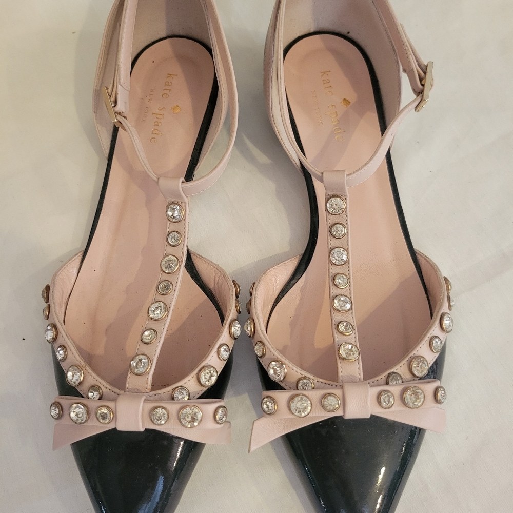 Kate Spade Becca black tan patent studded pointy bow ballet flats size 8.5